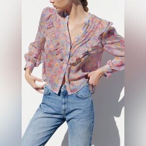 Zara Pink and Purple Ruffled Long Sleeve Blouse